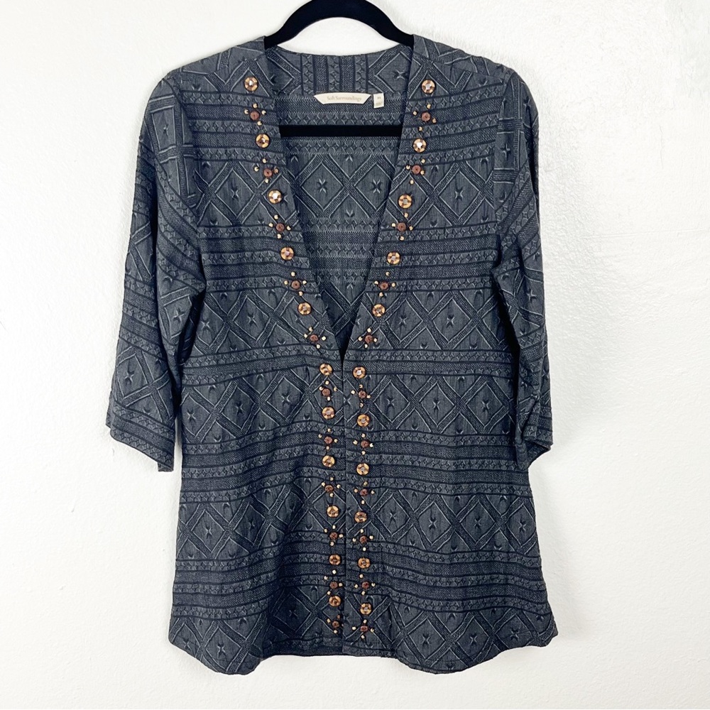 SOFT SURROUNDINGS Beatrice Linen Blend Accent Bead Trim Hook Closure Cardigan XS
